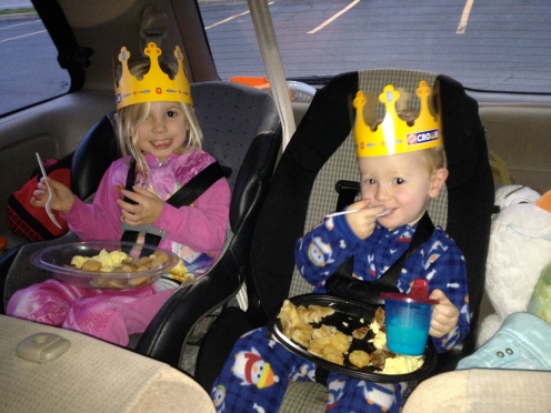 We are thankful for Burger King at 7am who supplies our car ride with pancakes and crowns.